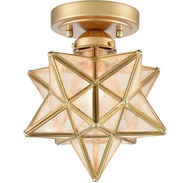 CLAXY 9.5 in. 1-Light Gold Modern Semi-Flush Mount with Seeded Glass Shade and No Bulbs Included 1-Pack