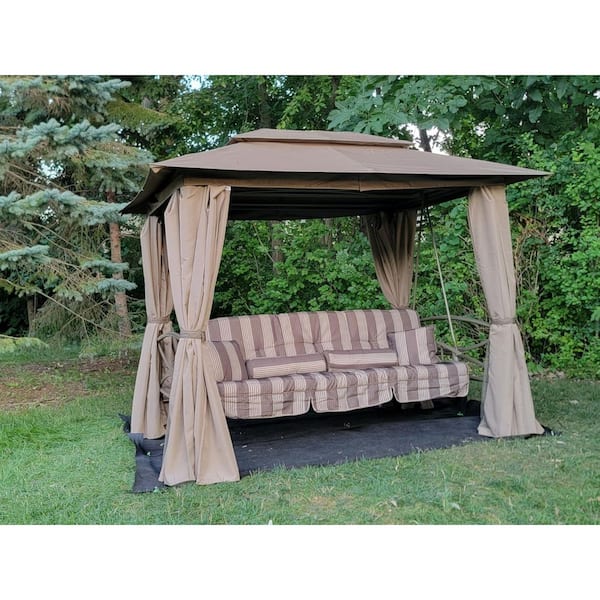 3-Person Outdoor Patio Metal Swing Gazebo with Netting and Gazebo Curtains, Daybed Adjustable, Beige