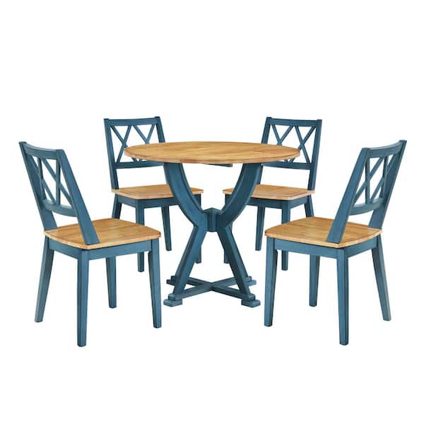 FORCLOVER MidCentury Antique Oak and Blue 5Piece Round Dining Table Set TPMAAC251 The Home Depot