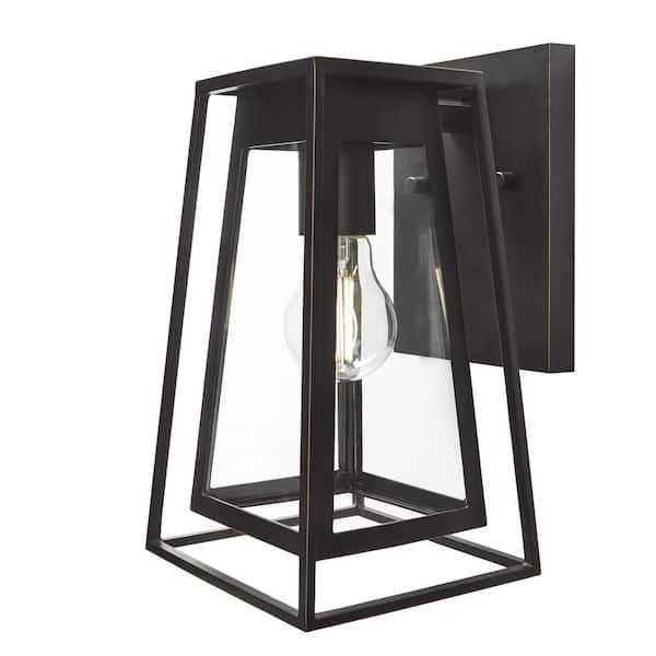 Home Decorators Collection Bailey 11 in. Small Modern 1-Light Bronze Hardwired Double Frame Outdoor Wall Lantern Sconce Light with Clear Glass