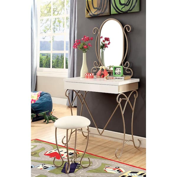 Enchant Champagne and White Vanity with 1-Padded Stool and 1-Storage Drawer