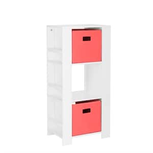 Kids White Cubby Storage Tower with Bookshelves with 2-Piece Coral Bins