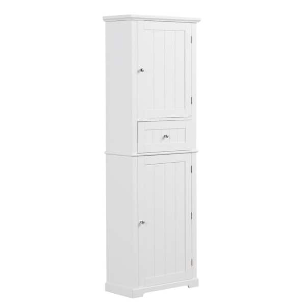 YSQCAR 22 in. W x 11 in. D x 68 in. H White MDF Freestanding Linen Cabinet with Door and Drawers, Adjustable Shelf