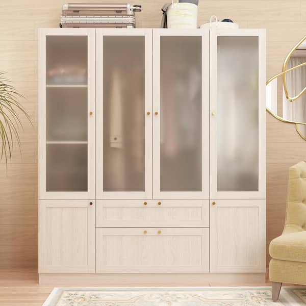 FUFU&GAGA Beige Wood Grain 63 in. W Frosted Glass Doors Armoires with Hanging Rods, Drawers and Shelves 70.9 in. H x 19.7 in. D