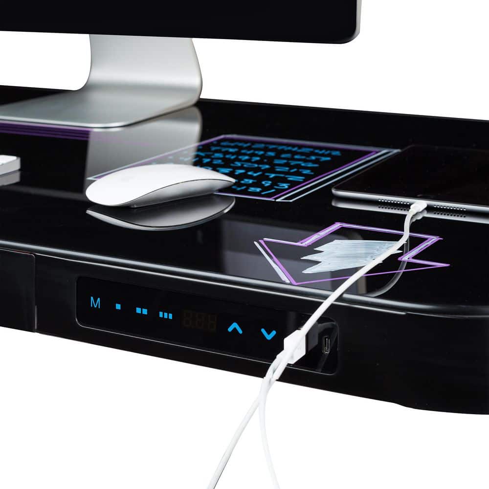 Black Adjustable Height Glass Standing Desk with USB Port and Drawer