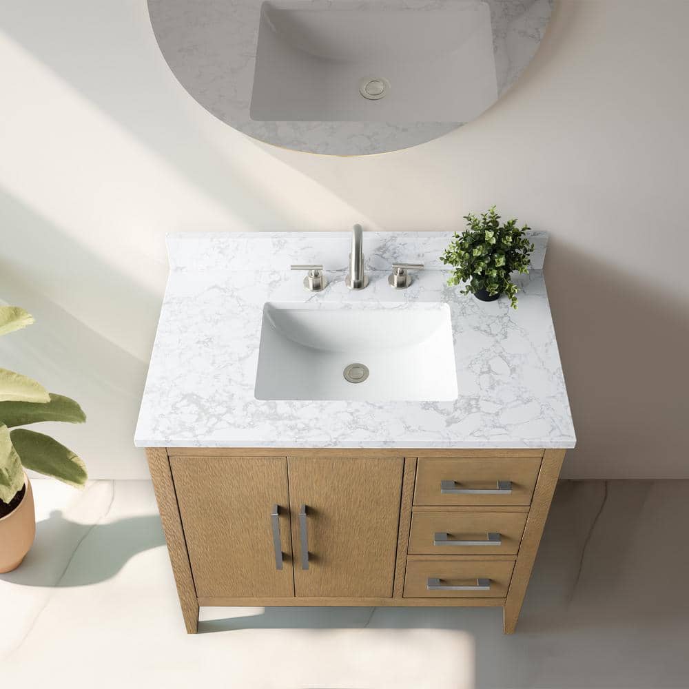 Natural Oak 36" Single Bathroom Vanity with Engineered Marble Top