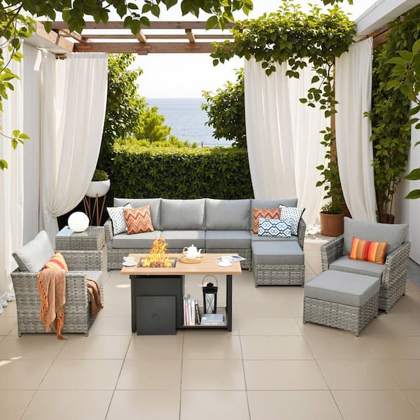 Toject Eufaula Gray 10-Piece Wicker Modern Outdoor Patio Conversation Sofa Set with a Storage Fire Pit and Dark Gray Cushions