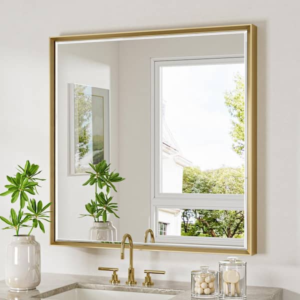 36 in. W x 36 in. H Aluminum Beveled Edge Rectangular Framed Bathroom Vanity Wall Mount Mirror in Gold