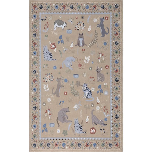 Catmosphere Festive Feline Floral Border Non-Slip Machine-Washable Tan 9 ft. x 12 ft. Area Rug