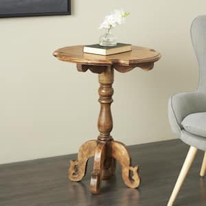 24 in. Brown Turned Round Mango Wood End Table with Scrolled Legs and Cutout Tabletop