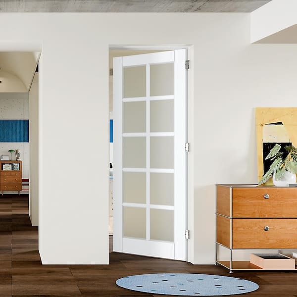 30 in. x 80 in. 10 Lite, Frosted Glass, White Primed, MDF Prehung Interior Door Right-Handed with Door Jamb and Hardware