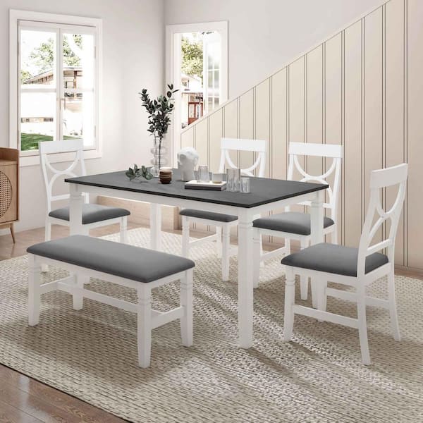 Polibi 6-Piece Farmhouse White Wood Top Dining Room Set with Upholstered Bench and 4 Dining Chairs Seats 5