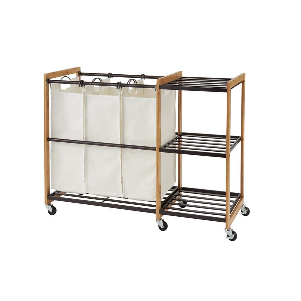 Bronze Bamboo 3-Bag Laundry Station with Wheels