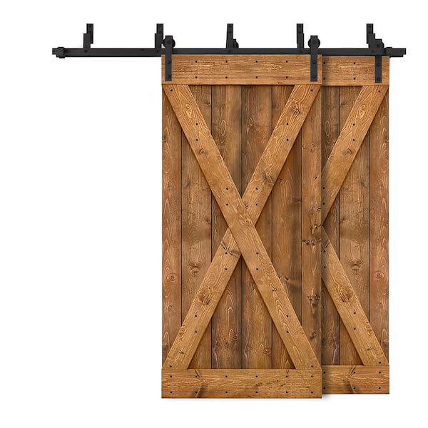 CALHOME 56 in. x 84 in. X Bypass Walnut Stained DIY Solid Knotty Wood Interior Double Sliding Barn Door with Hardware Kit