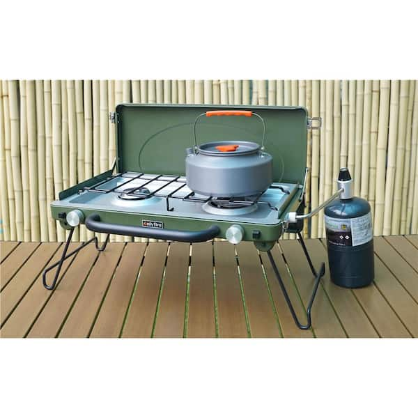 onlyfire 2-Burner Portable Propane Gas Grill Griddle Camp Stove in Green  with Foldable Legs, Heavy-Duty Latch & Handle THT144-BK - The Home Depot