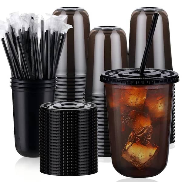 16 oz. Black Clear PET Summer Party Disposable Cups with Lids and Straws for Iced Coffee and Cold Drinks (Set of 100)