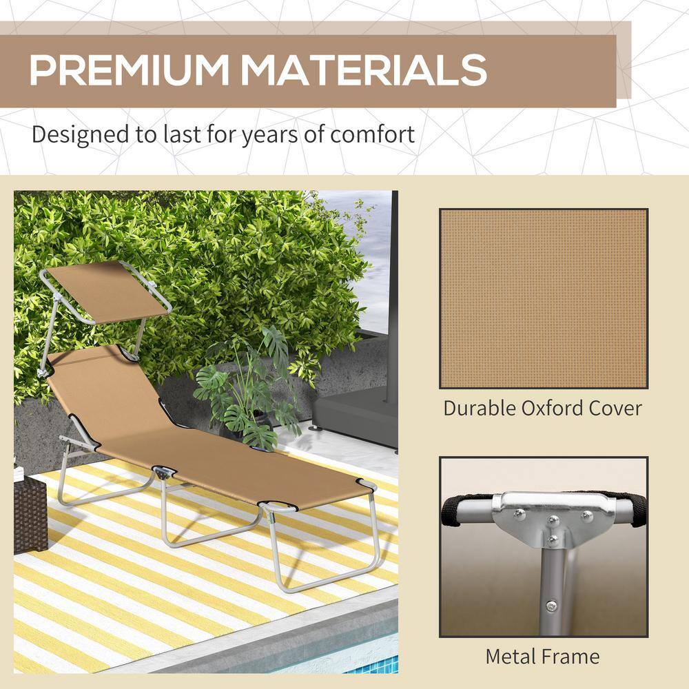 Tan Adjustable Folding Steel Outdoor Chaise Lounge with Sun Shade