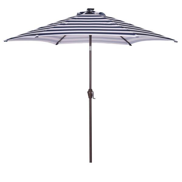 GAWEZA 8.7 ft. Steel Market Solar Tilt Patio Umbrella in Blue and White Stripes with 24 LED Lights