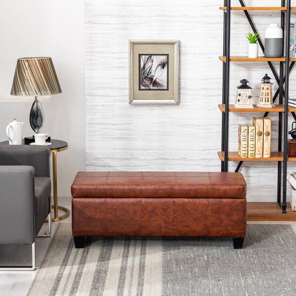 Medora Brown Faux Leather Lift-Top Storage Ottoman Bench