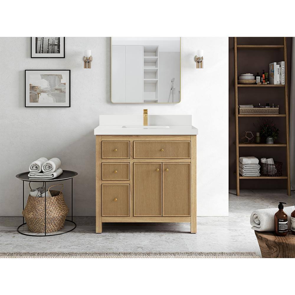 36" Light Natural Teak and White Quartz Bathroom Vanity
