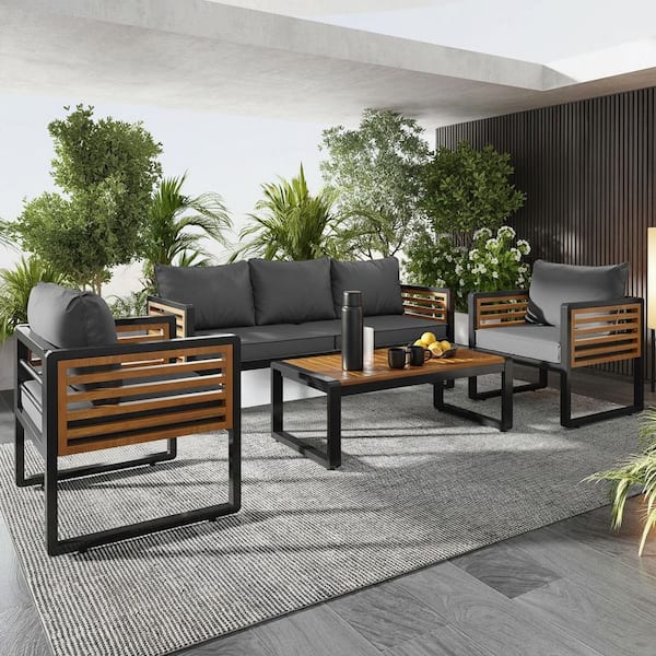 4-Piece Patio Metal and Wood Frame Outdoor Garden Sofa Set Conversation Sectional Set with Gray Removable Cushions