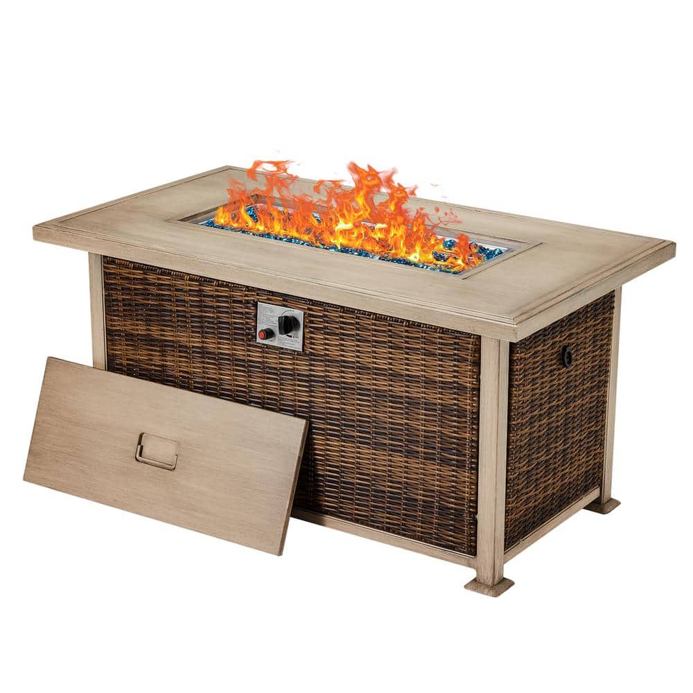 Cesicia 44 in. Brown Rectangular Wicker Outdoor Fire Pit Table ...