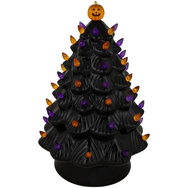 LED Lighted Ceramic Halloween Tree with Pumpkin - 14.75 in. - Black