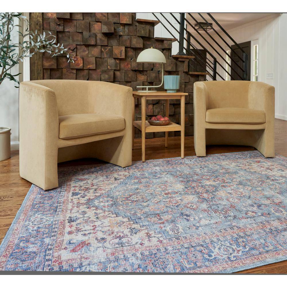 Vintage-Style Blue Floral Medallion Cotton Chenille Area Rug, 5'3" x 7'3"