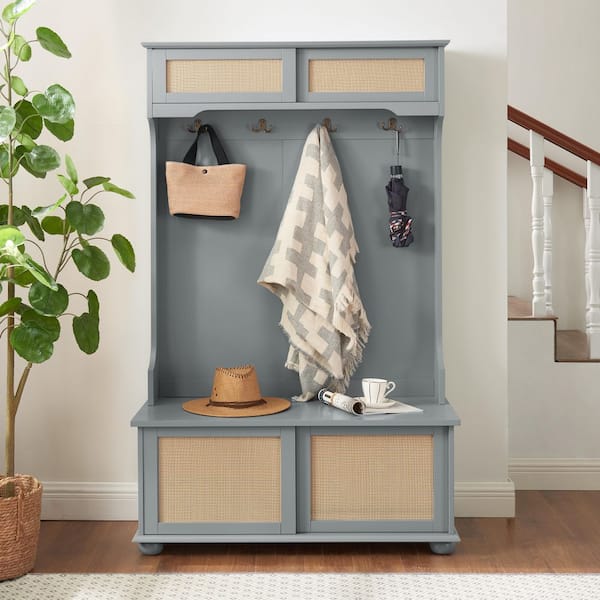 Unbranded 40.16 in. W x 15.58 in. D x 64.17 in. H Gray Wood Hall Tree with Rattan Door Shelves, 4-Hooks for Entryways, Hallways