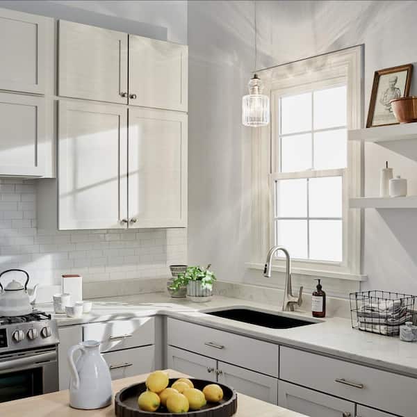 Riviera 10.75 in. 1-Light Brushed Nickel Transitional Shaded Kitchen Mini Pendant Hanging Light with Clear Ribbed Glass