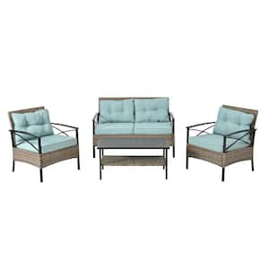 Brown 4-Piece Wicker Patio Conversation Set with Blue Cushions and Black Metal Table