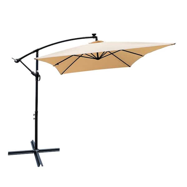 Sudzendf 10 ft. Outdoor Patio Market Umbrella Solar Powered LED Sunshade Umbrella with Crank and Cross Base in Beige