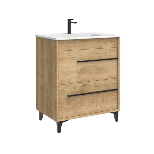 Lotus 28.0 in. W Single Basin Freestanding Bath Vanity in Natural Oak with Ceramic White Top