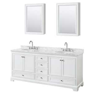 Deborah 80 in. Double Vanity in White with Marble Vanity Top in White Carrara with White Basins and Medicine Cabinets