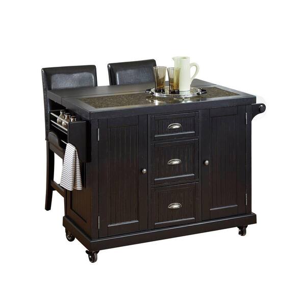 Home Styles 53.5 in. W Granite Top Kitchen Cart with Drop Leaf and Two Stools