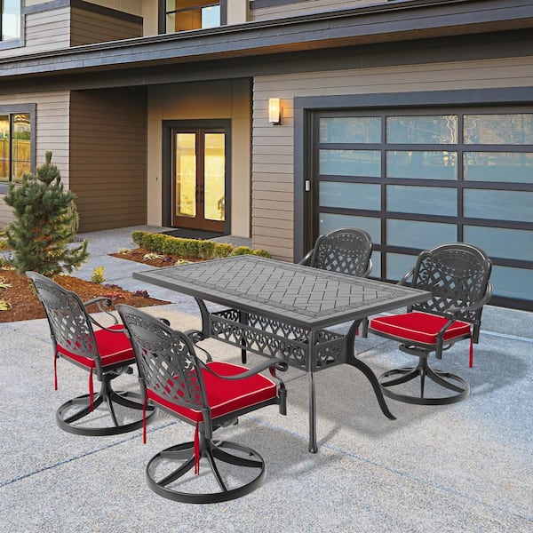 Willit Isabella 5-Piece Cast Aluminum Patio Outdoor Dining Set with Rectangular Dining Table,4 Swivel Chairs and 4 Red Cushions