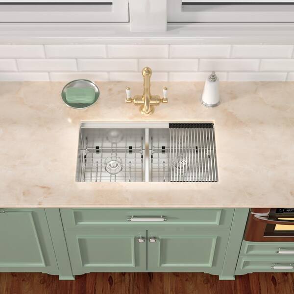 Serene Valley 36-in. Double Bowl Drop-in or Undermount Kitchen Sink with  Thin Divider & Reviews