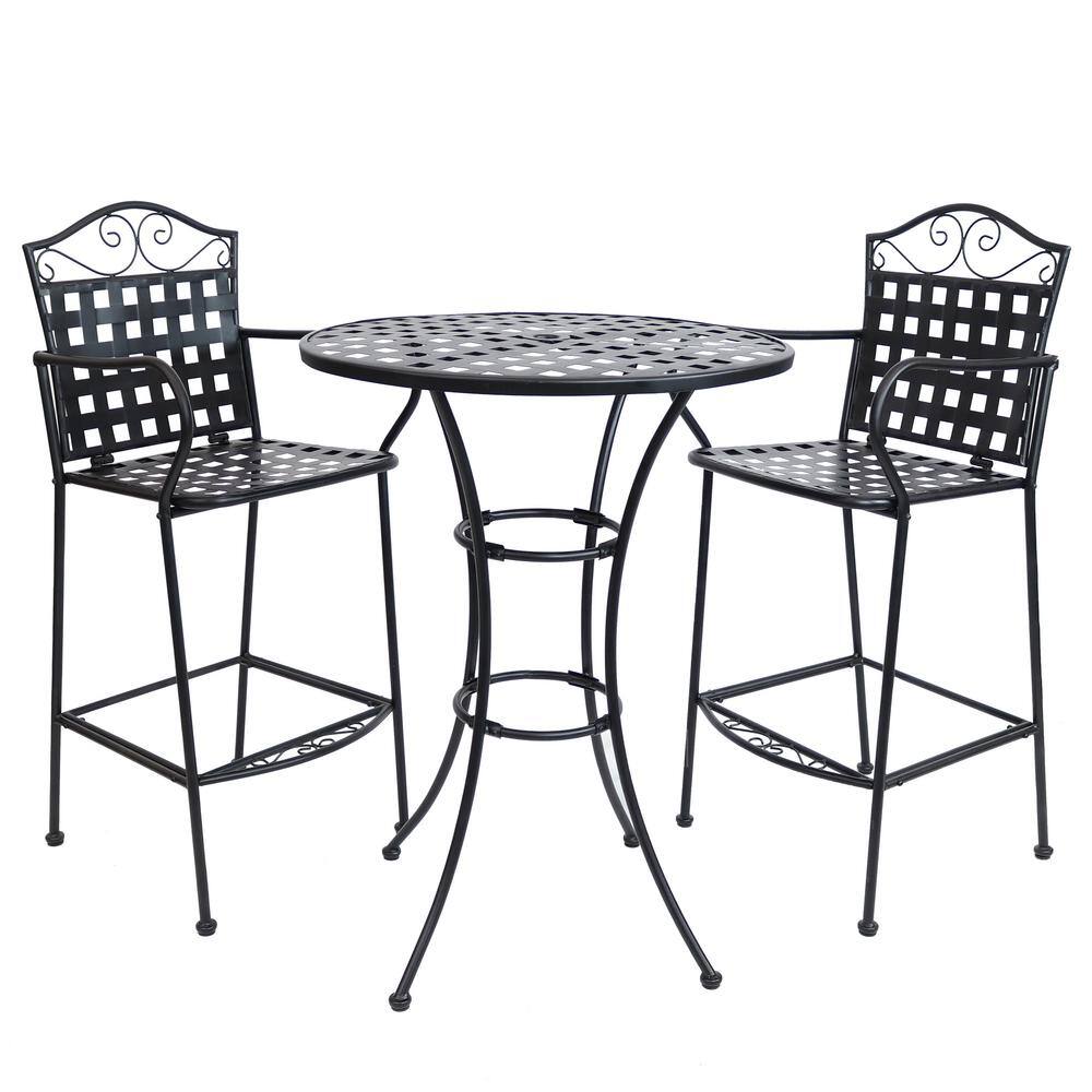 Sunnydaze Decor Black 3Piece Scrolling Wrought Iron Outdoor Bar Chair