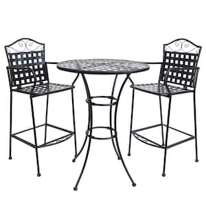 Black 3-Piece Scrolling Wrought Iron Outdoor Bar Chair and Table Set
