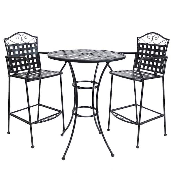 Sunnydaze Decor Black 3-Piece Scrolling Wrought Iron Outdoor Bar Chair and Table Set