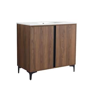 35.6 in. W x 18.1 in. D x 33.5 in. H Single Bath Vanity Brown Walnut Finish White Solid Surface Resin Sink
