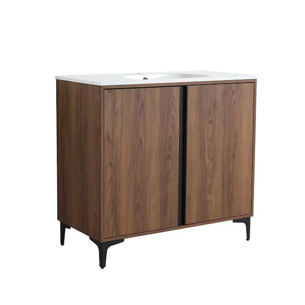 Bellaterra Home 35.6 in. W x 18.1 in. D x 33.5 in. H Single Bath Vanity Brown Walnut Finish White Solid Surface Resin Sink