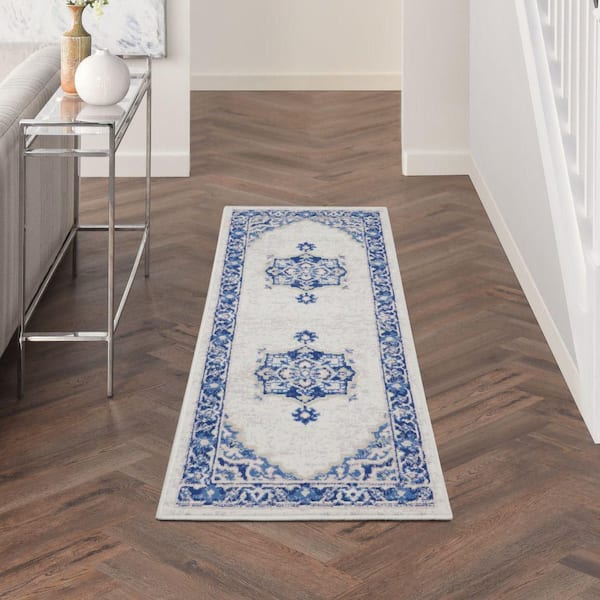 Whimsicle Ivory Blue 2 ft. x 8 ft. Center Medallion Traditional Runner Rug