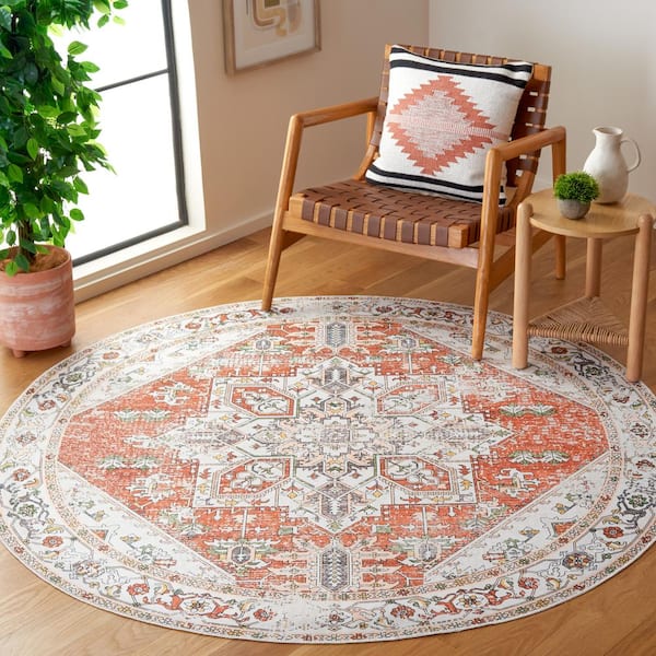 Arizona Ivory/Rust 6 ft. x 6 ft. Machine Washable Geometric Medallion Round Area Rug