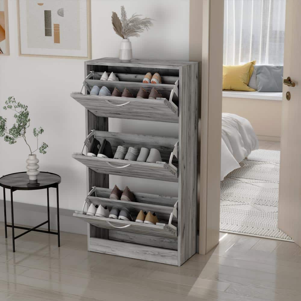 Gray Wood 3-Tier Shoe Organizer with Drawers