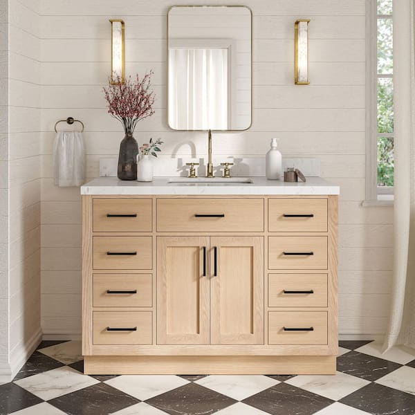 Hepburn 48 in. Single Sink Freestanding Bathroom Vanity in Oak with Carrara White Quartz Top