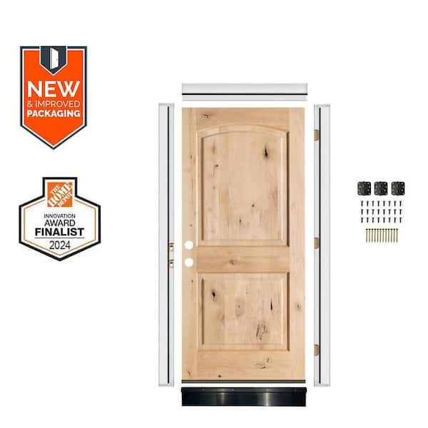 32in.x80in. Knotty Alder 2-Panel Right-Hand Arch Unfinished  Wood Assembly Required Front Door Kit w/QuickAssembleJamb