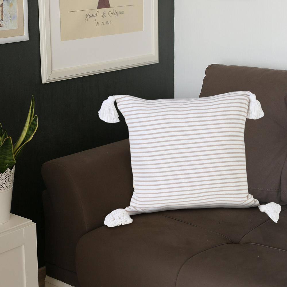 Beige and White Striped Cotton Throw Pillow with Tassels