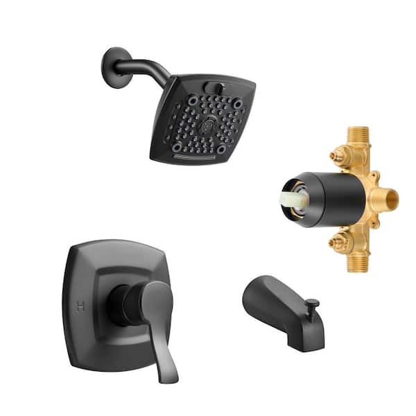 Tub and Shower Faucet Set, 5.1-In. Rainfall Shower Head, Bathtub Spout, 5 Modes, Single-Handle Trim Kit, Matte Black