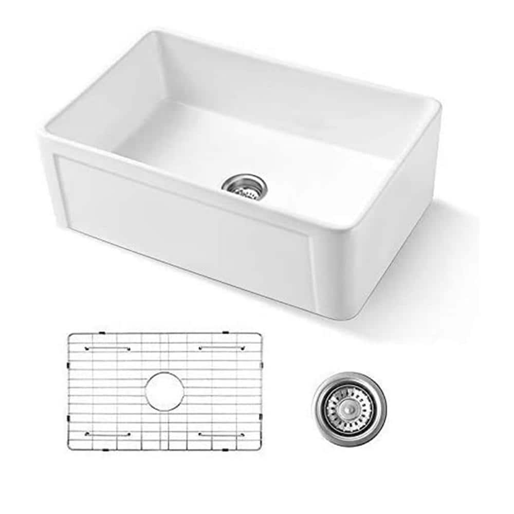 30 in. Farmhouse Single Bowl White Ceramic Kitchen Sink with Bottom Grids
